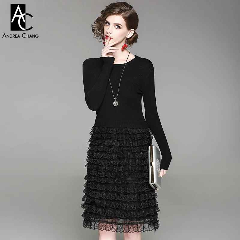 autumn spring woman dress knitted top cascading ruffled lace bottom black rabbit hair blends fashion sweet layered | Женская одежда