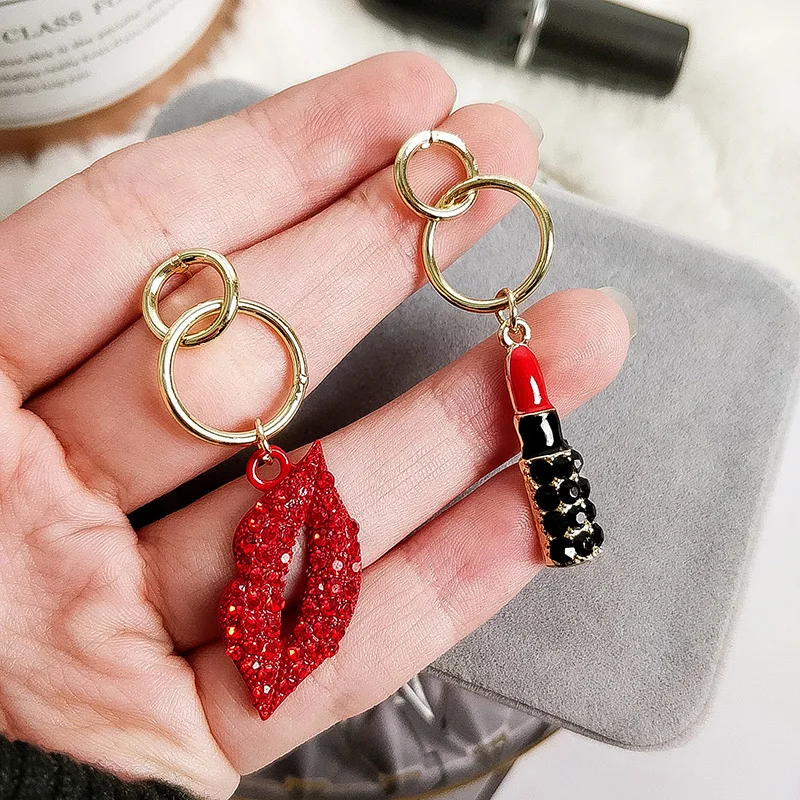 Модная Асимметричная пикантная красная помада серьги Стразы губная золото s925