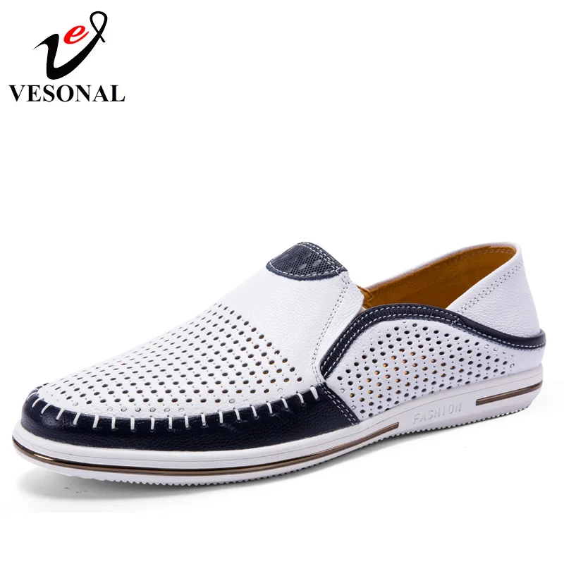 VESONAL Summer Hollow Out Breathable Genuine Leather Casual Male Shoes For Men Adult Loafers Slip On Sneakers Driving Moccasins | Обувь
