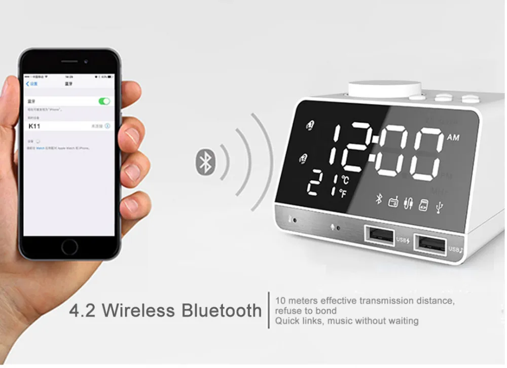 EXRIZU Bluetooth динамик светодиодный экран Повтор цифровой FM радио Настольный Будильник USB зарядка 1.1A+ 2.1A TF плеер для iPhone Android
