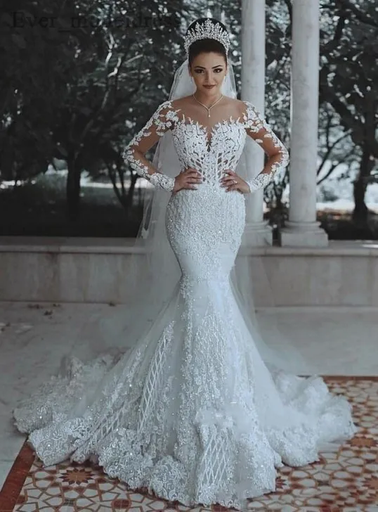 Vestidos De Noiva Роскошные кружевные свадебные платья русалки 2020 Иллюзия шеи с длинным