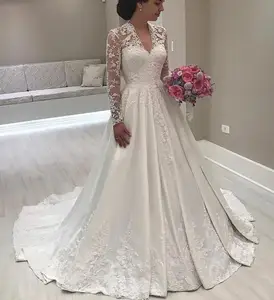 Vintgae Long Sleeves Satin Wedding Dresses 2020 Sexy V Neck Floor Length Lace Appliques Satin Summer Spring Garden Bridal Gowns