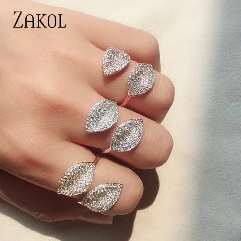 ZAKOL трендовые кольца в форме листа открытые AAA циркон микро проложенный палец