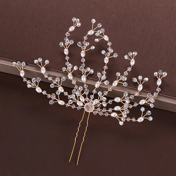 UZ033 Gold Pearl Tiara Hairpin Clip Crystal Rhinestone Hair Jewelry For Women Flower Handmade Headband Wedding Bridal Hair Accessories - Окраска металла: UZ033