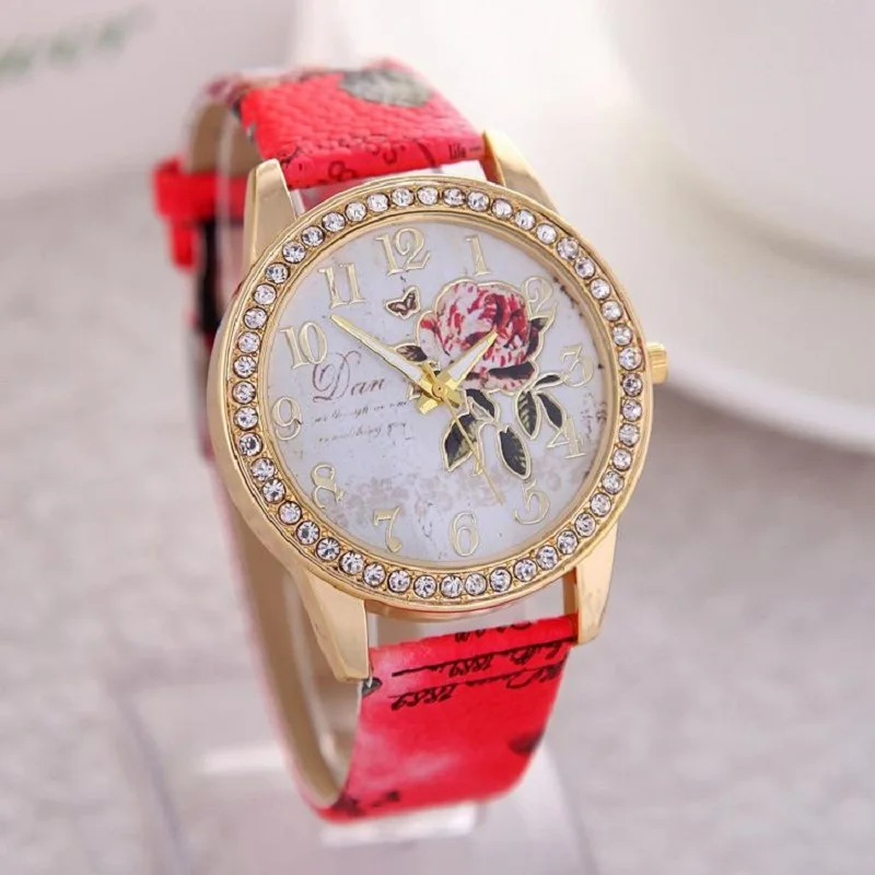 Reloj mujer женские часы с цветочным узором из роз циферблат наручные кожаным