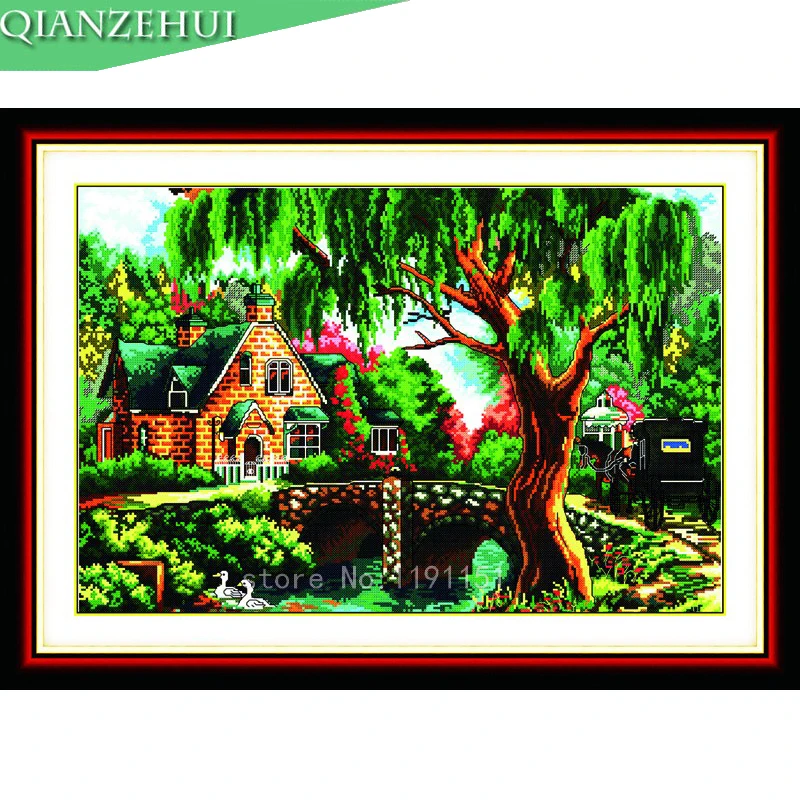 QIANZEHUI Рукоделие сделай сам в лесу наборы для вышивки крестиком пруд ландшафт