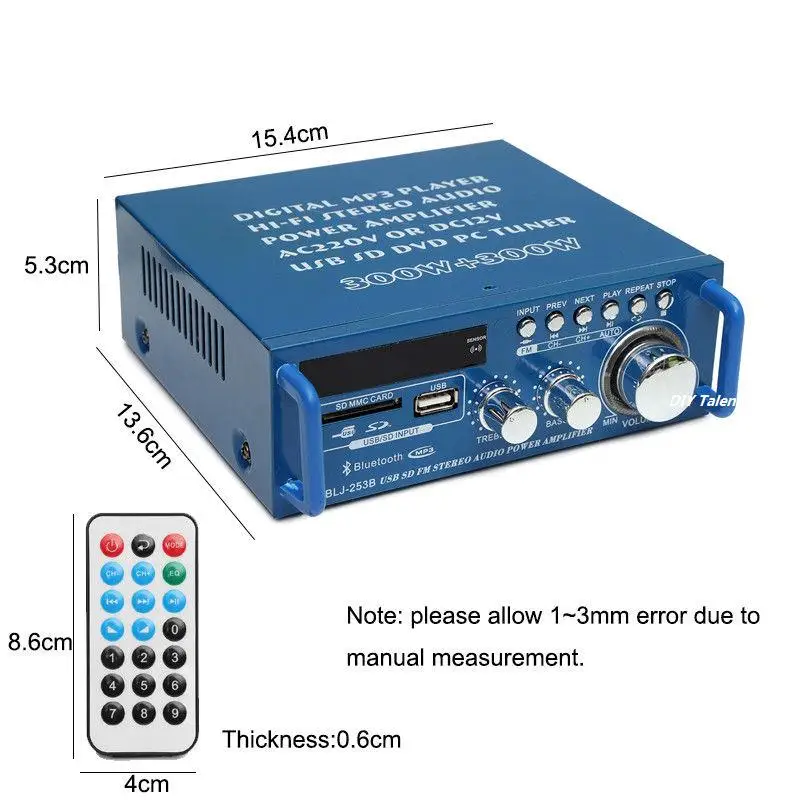 DC 12V AC 220V Bluetooth FM Hi Fi 300W + стерео аудио усилитель mp3 плеер|Усилители мощности| |