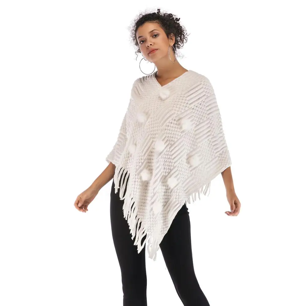 Women's V-Neck Fur Ball Shawl Cape Tassel Irregular Knitted Coat High Quality Free Size |