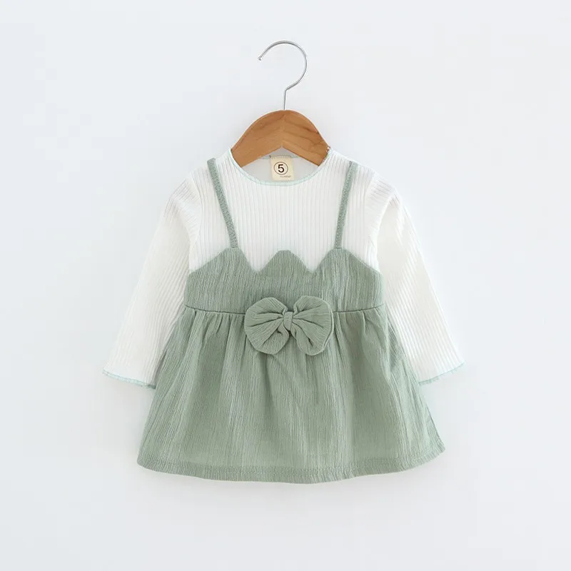 Baby girl summer autumn sweet dress kids baby suspenders fake two-piece bow long-sleeved high quality | Мать и ребенок