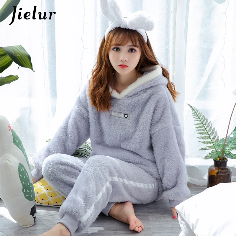 Jielur пижамы для девочек женщин мультфильм Kawaii осень теплый коралловый бархат Homesuit