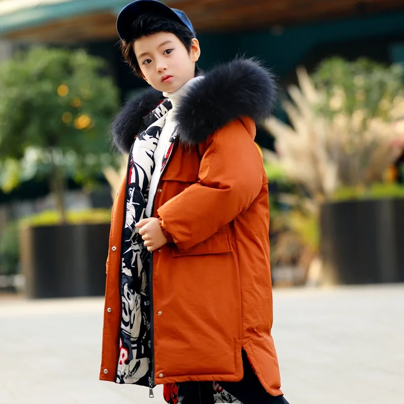 

HSSCZL girls boy duck down jackets 2019 new kids girl jacket coat hooded Double-sided wear outerwear overcoat natural fur 6-14Y
