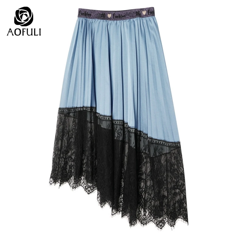 AOFULI L ~ 4XL 5XL большой размер плиссированная юбка волнистая Цветочная кружевная