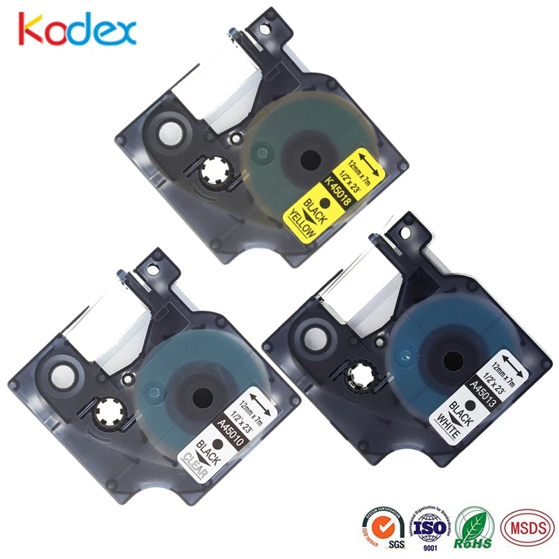 Kodex 3 шт. 12 мм совместимая с Dymo D1 45018 45010 45013 лента для этикеток прозрачный белый цвет