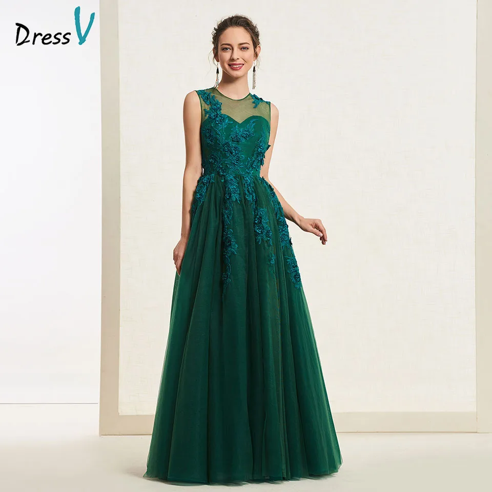 Dressv темно-зеленое вечернее платье с глубоким вырезом без рукавов аппликацией