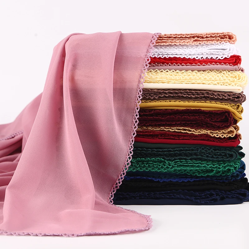 

New Women Bubble Chiffon Floral Lace Scarves Shawls Hijab Plain Long Headband Fashion Scarf Wraps Muslim Shawls 1 Pc