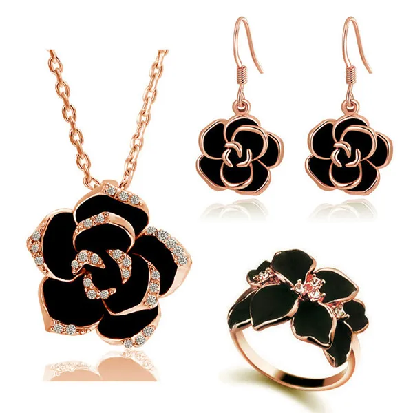 rose gold black 18 Классический черный цветок розы Ожерелье Серьги Кольца с Стразы Lucite капля масло Австрийские Кристальные украшения из цветов наборы - Окраска металла: rose gold black 18