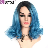 usmei medium length wavy wigs for women synthetic wig black root blue ombre wig cosplay heat resistance african american hair