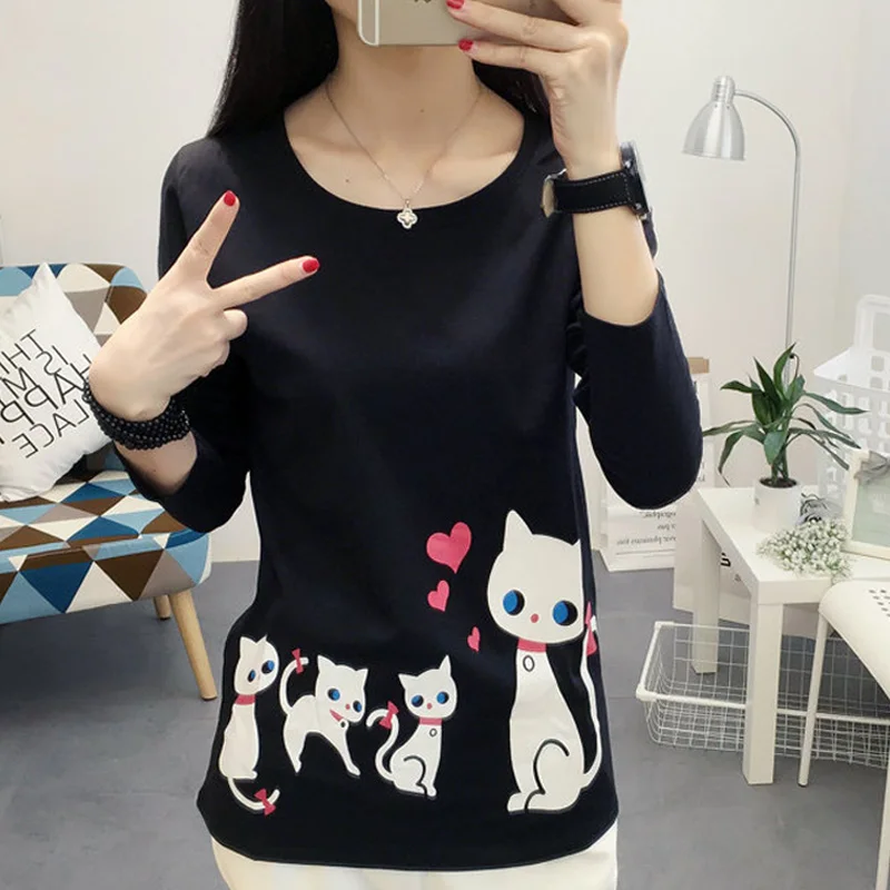 2017 Новый Осенняя Мода Мультфильм Кошки Печатные Рубашки Блузки С Длинным Рукавом