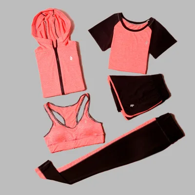 5-piece set - orange Комплект из 5 предметов, Йога для женщин, одежда, бюстгальтер для выступлений, фитнес-спорт, женская футболка для фитнеса, одежда, тренировочный комплект, спортивный костюм - Цвет: 5-piece set - orange