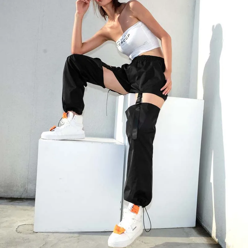 

Women Sexy Knee Cut Out Pants Loose Patchwork Sweat Pants Pantalon Sudadera Black Casual Trousers