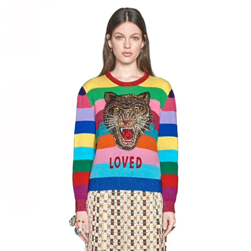 Winter Sequins Tiger Sweaters Women Rainbow Color Striped Pullovers Slim Fit Fashion Streetwear Pull Jumper Femme Clothing