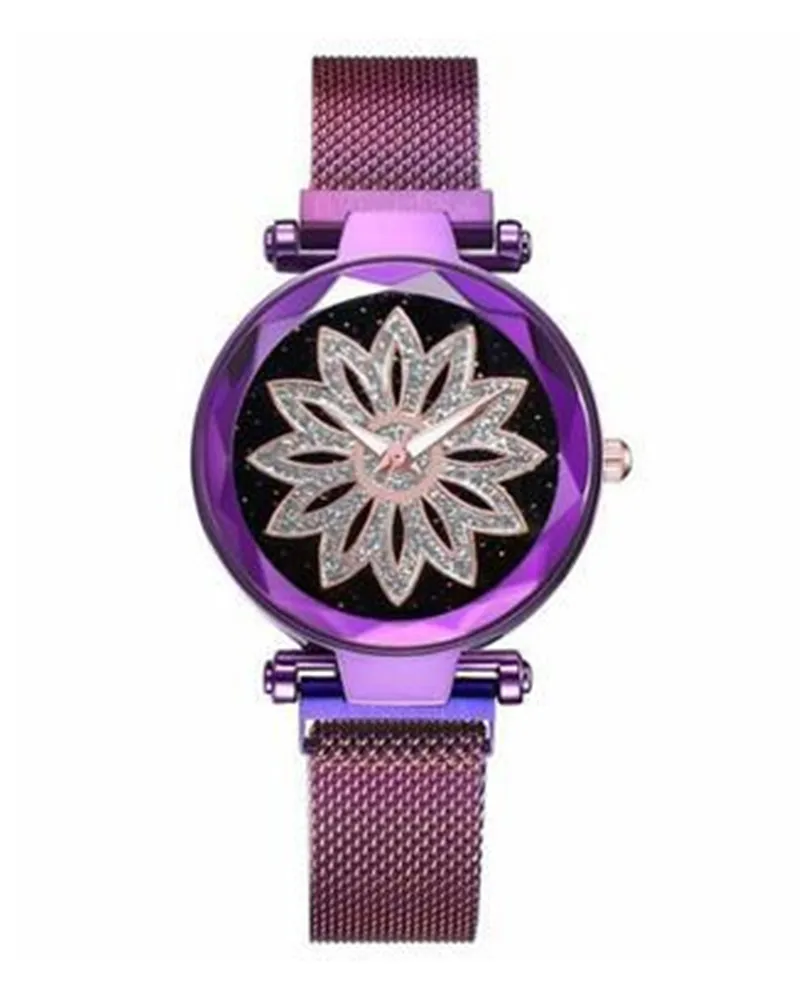 Purple Роскошные розовые Золотые женские сетчатые часы с магнитной пряжкой, модные элегантные женские наручные часы с цветами, женские магнитные часы - Цвет: Purple