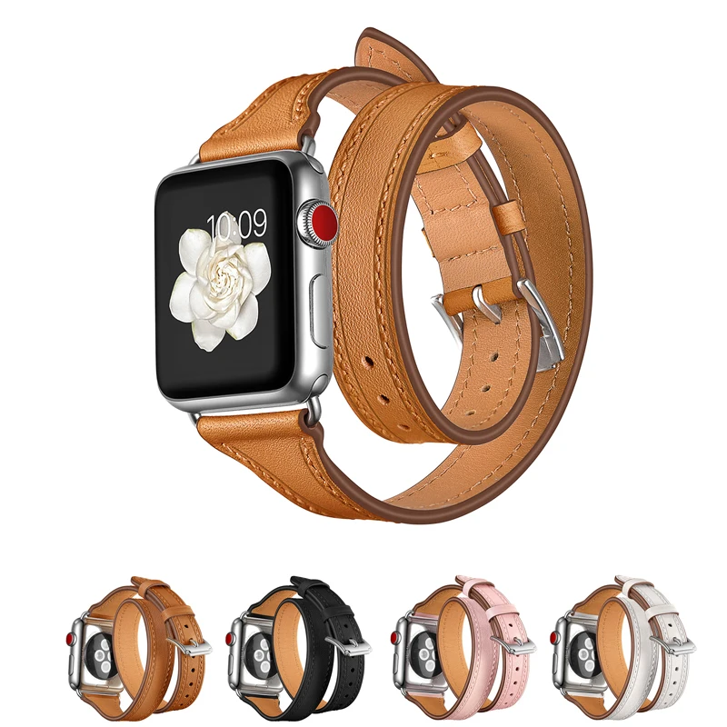 Ремешок из натуральной кожи для apple watch band 44 мм 40 42 38 двойной туристический браслет