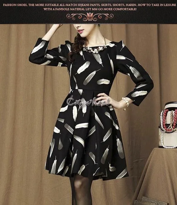 2015 New women autumn and winter fashion temperament waist A-line dress feather print plus size casual dresses 35 | Электроника