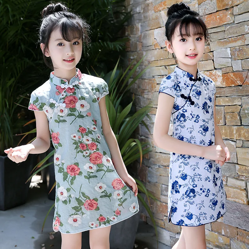 

Girls dress Girls Summer cheongsam Cute Children qipao Printing Chinese chipao Mandarin gown for girl Short sleeve dress