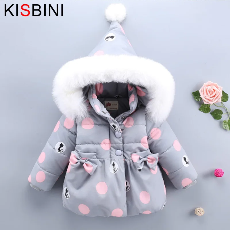 Детское теплое пуховое пальто KISBINI куртка с капюшоном в горошек и котом верхняя