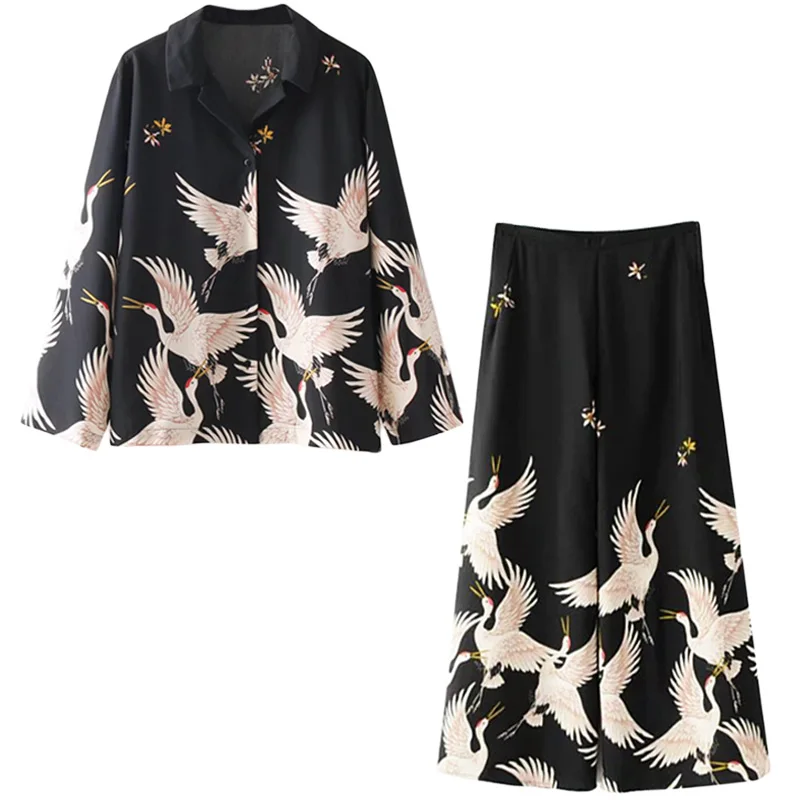 

High quality suit female 2019 summer new style temperament long-sleeved shirt + high waist wide leg pants fashion two-piece set