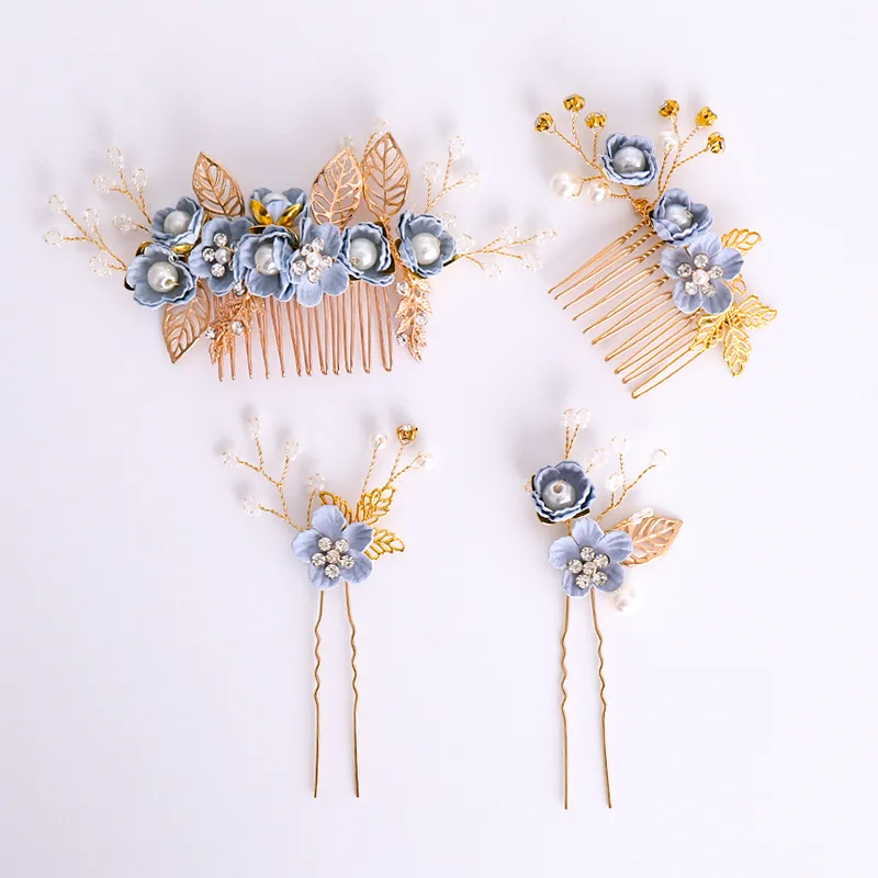 Pink/Blue Flower Bridal Hair Comb and Hairpins Pearl Wedding Hair Accessories Flower Head Piece For Women Ladies Hair Jewelry images - 6