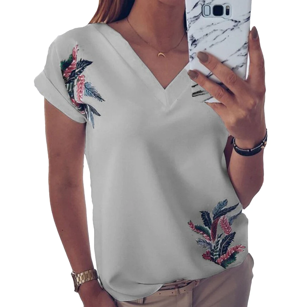 Women Leaf Printed Chiffon T Shirt 2019 Summer V Neck Short Sleeve Casual Tops Fashion Ladies Slim Fit Tee T-Shirts Femme Blusas | Женская