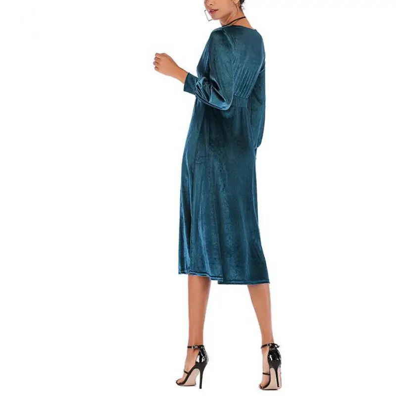 2019 Spring Autumn Fashion V Neck Hihg Waist 3 Solid Color S-xl Velvet Women Mid Dress Jl-bfz001 | Женская одежда