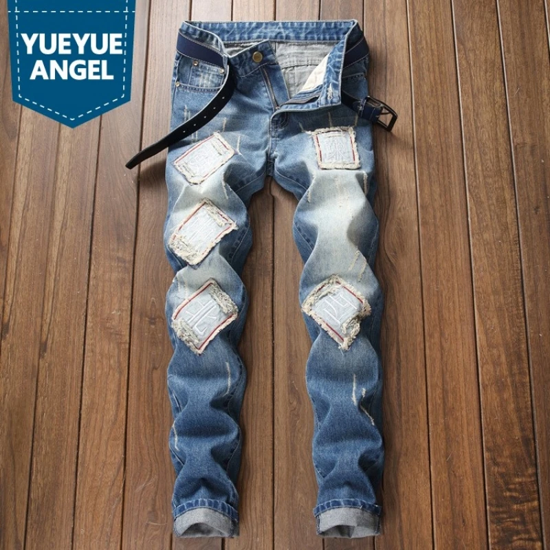 

New Mens Jeans American Slim Fit Straight Zipper Embroidery Denim Hip Hop Pants Male Vintage Ripped Washed Trousers Plus Size 40