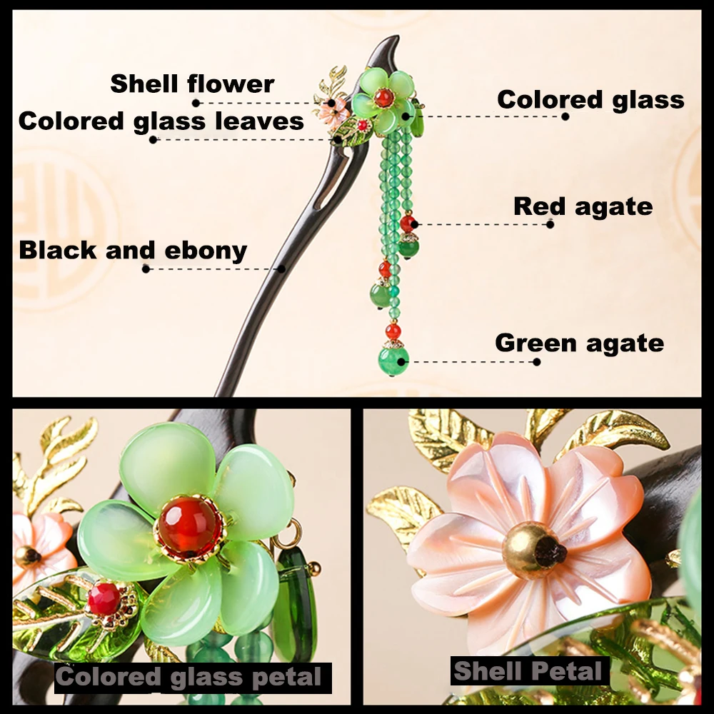 Ethnic Handmade Tassel Woman Hair Sticks Colored Glass Flower Leaves Pink Shell Green Red Stone Black And Ebony FZ-18126 | Украшения и
