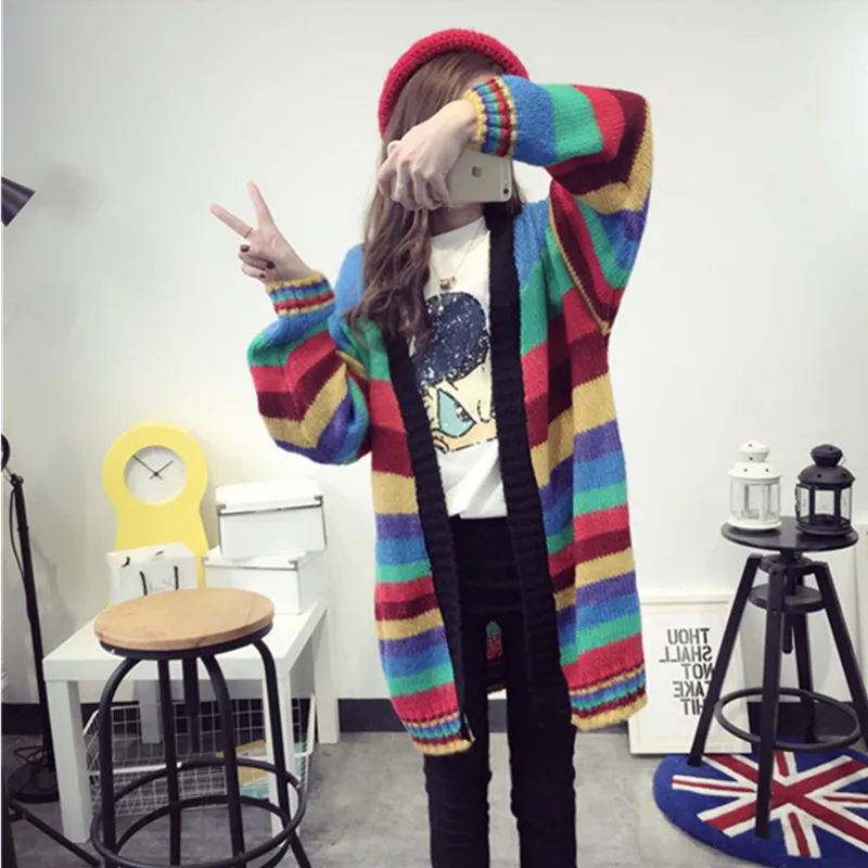 YAGENZ Women Sweaters Coat Black Top Spring Autumn Jacket Cardigan Long Coats Knit Sweater Rainbow Color Loose 264 |