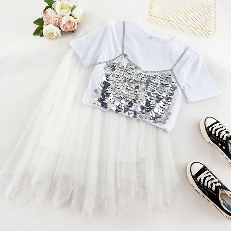 2019 летние костюмы из 2 предметов хлопковая Футболка с блестками топы + юбки