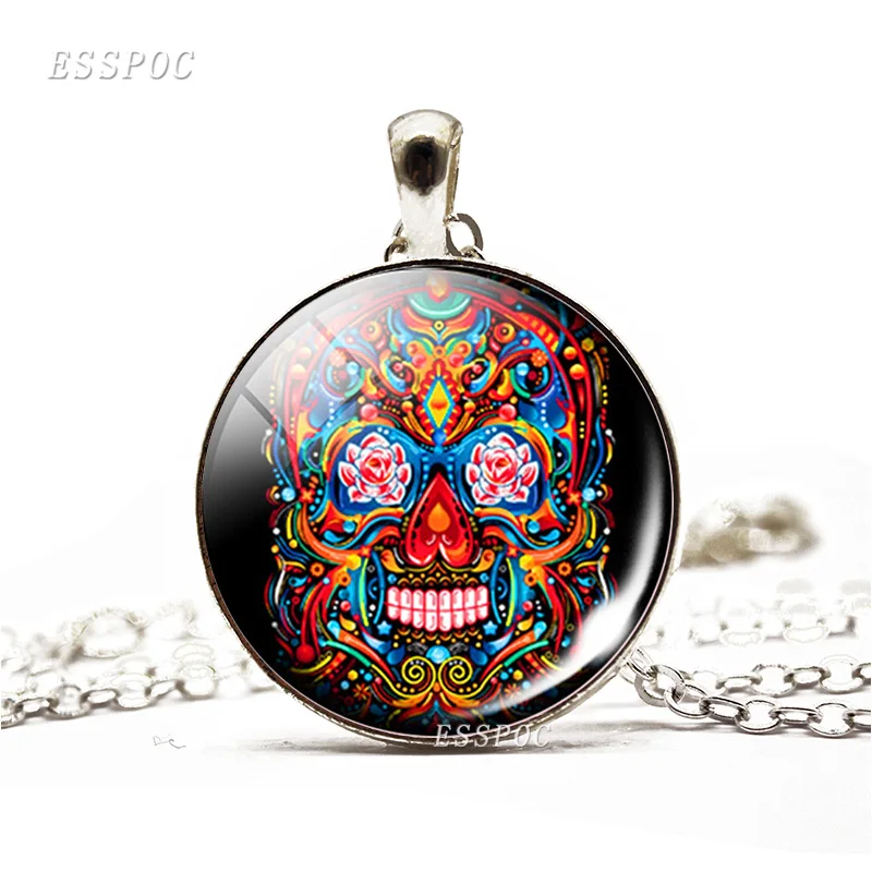 

Sugar Skull Necklace Glass Cabochon Jewelry Mexico Folk Art Sugar Skull Pendant Chain Women Halloween Gifts