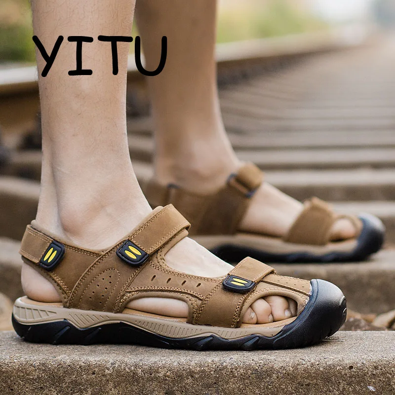 YITU 2018 New Men's Summer Beach Sandals Hiking Breathable Water Brand Genuine Leather Outdoor Man Sport Shoes Plus Size | Спорт и