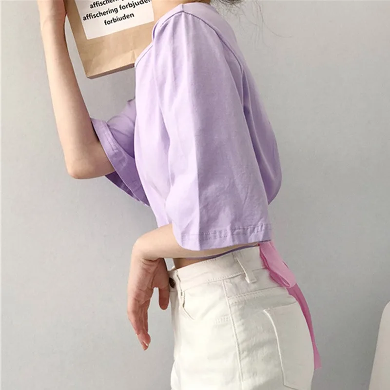 B New T shirt Woman Spring Summer Girls Short Sleeve O Neck Cotton Hollow Out Back Lace Up Fit Soft Women T-shirt harajuku | Женская