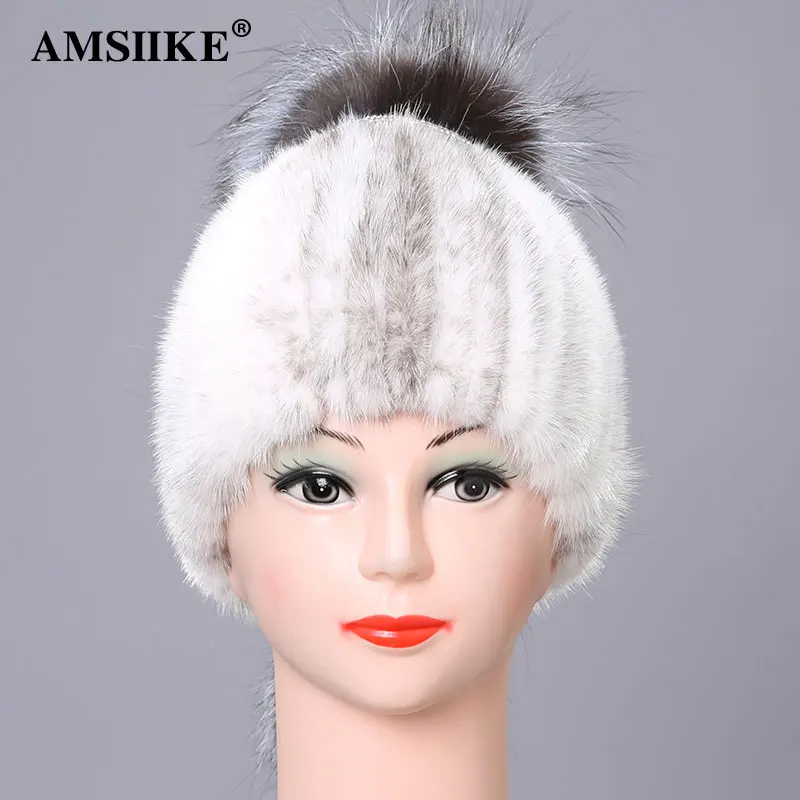 AMSIIKE Норковая шапка с оригинальным понпоном из чернобурки DM2041 | Аксессуары для