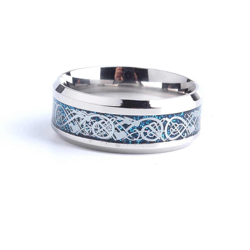 free shipping 8mm silver color blue carbon fiber dragon 316L Stainless Steel rings for men women wholesale | Украшения и