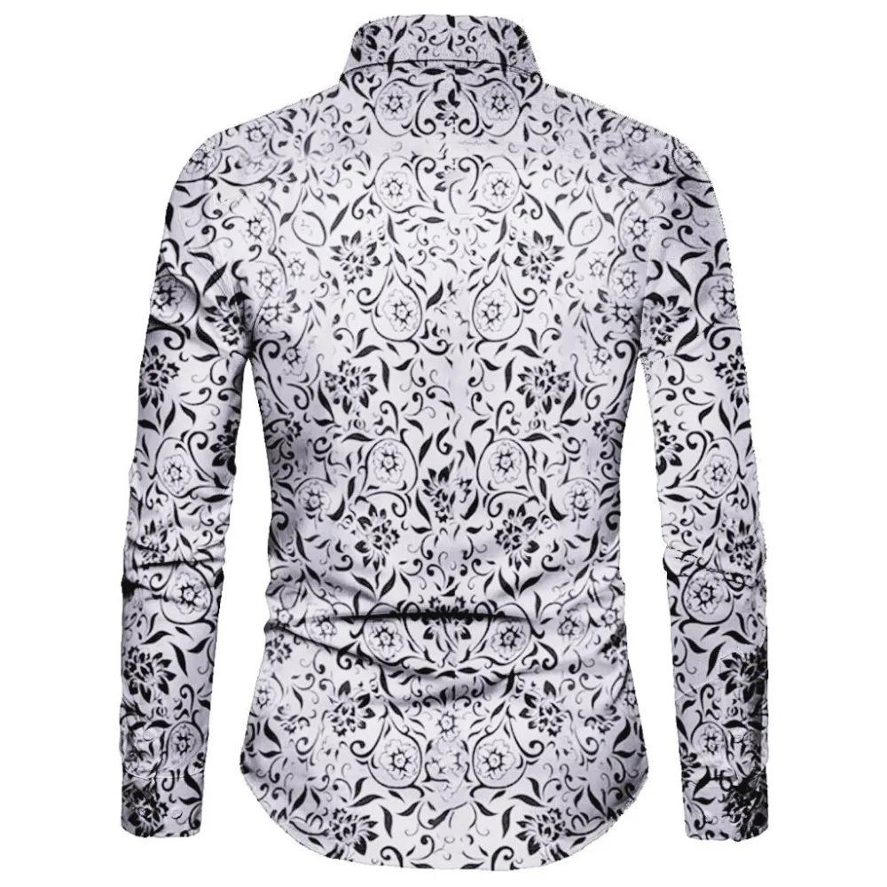 Мужская рубашка осень плюс размер Slim Fit рубашки мышцы с длинным рукавом цветочным принтом Мужская блузка Cothing Camisa Social Прямая C