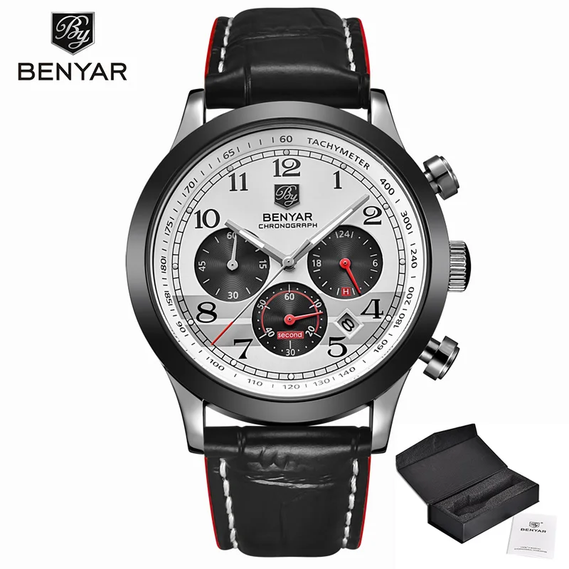 BENYAR Men Watches Quartz Chronograph Top Brand Luxury Watch Men Wristwatch Mens Military Waterproof Clock Men Relogio Masculino - Цвет: Black Silver Red