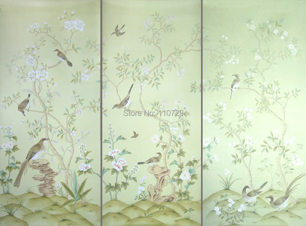 Ручная роспись шелковые обои Рисование дерево с птицами и пионами цветы ручная