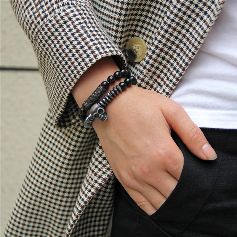 Черный оксин череп из каменных бус Набор браслетов для мужчин аксессуары Erkek Bileklik