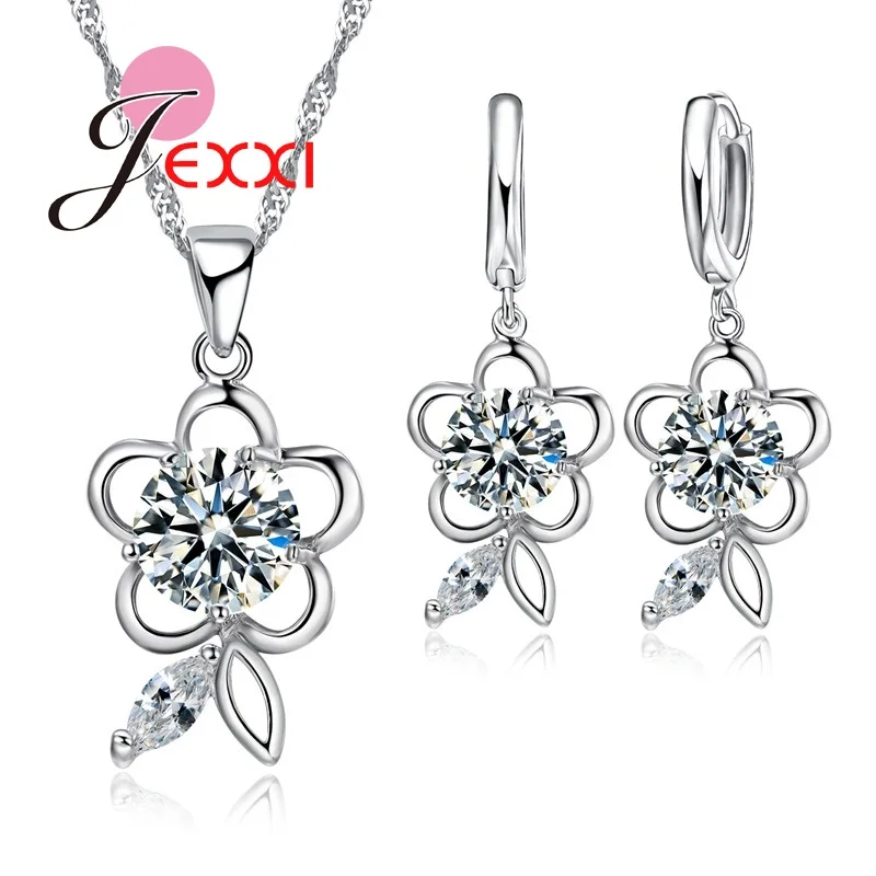 

Vintage Flower Design Cubic Zircon Crystal Wedding Jewelry Sets For Women Silver Earrings Pendant Necklace Sets