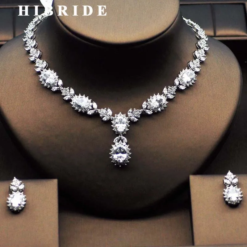 

HIBRIDE Luxury Clear Cubic Zircon Women Jewelry Sets Bridal Wedding White Gold-Color Necklace Set parure bijoux femme N-280