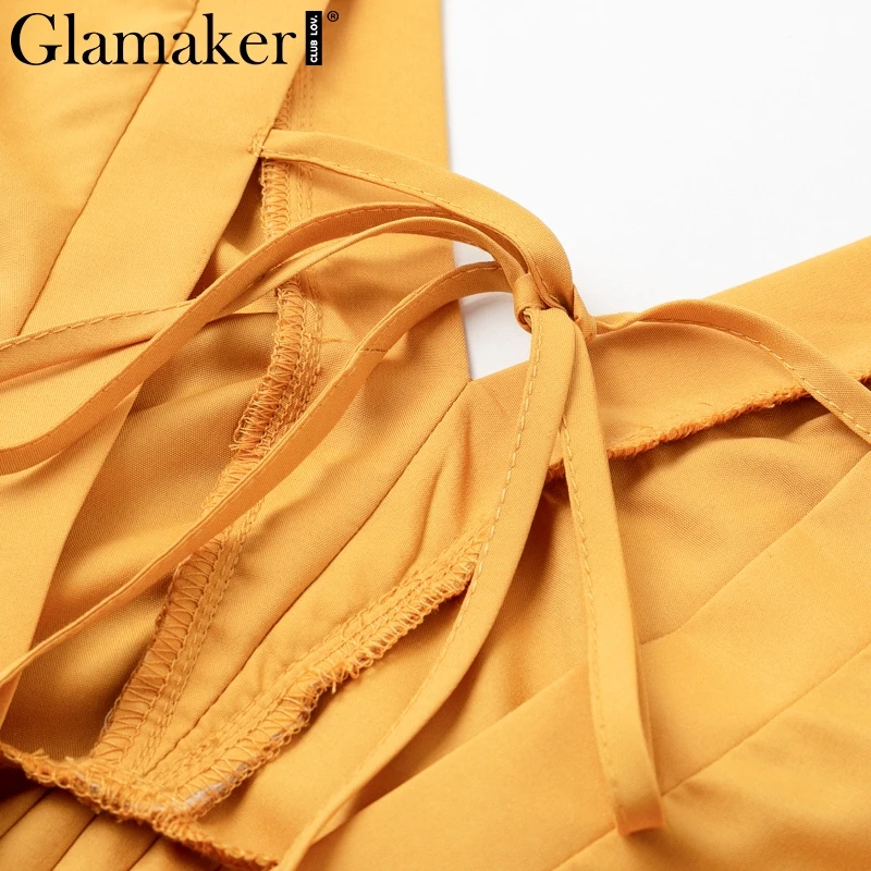 Glamaker сексуальное платье с v-образным вырезом и оборками женское весеннее желтое плиссированное платье без рукавов элегантное мини-клуб летнее платье